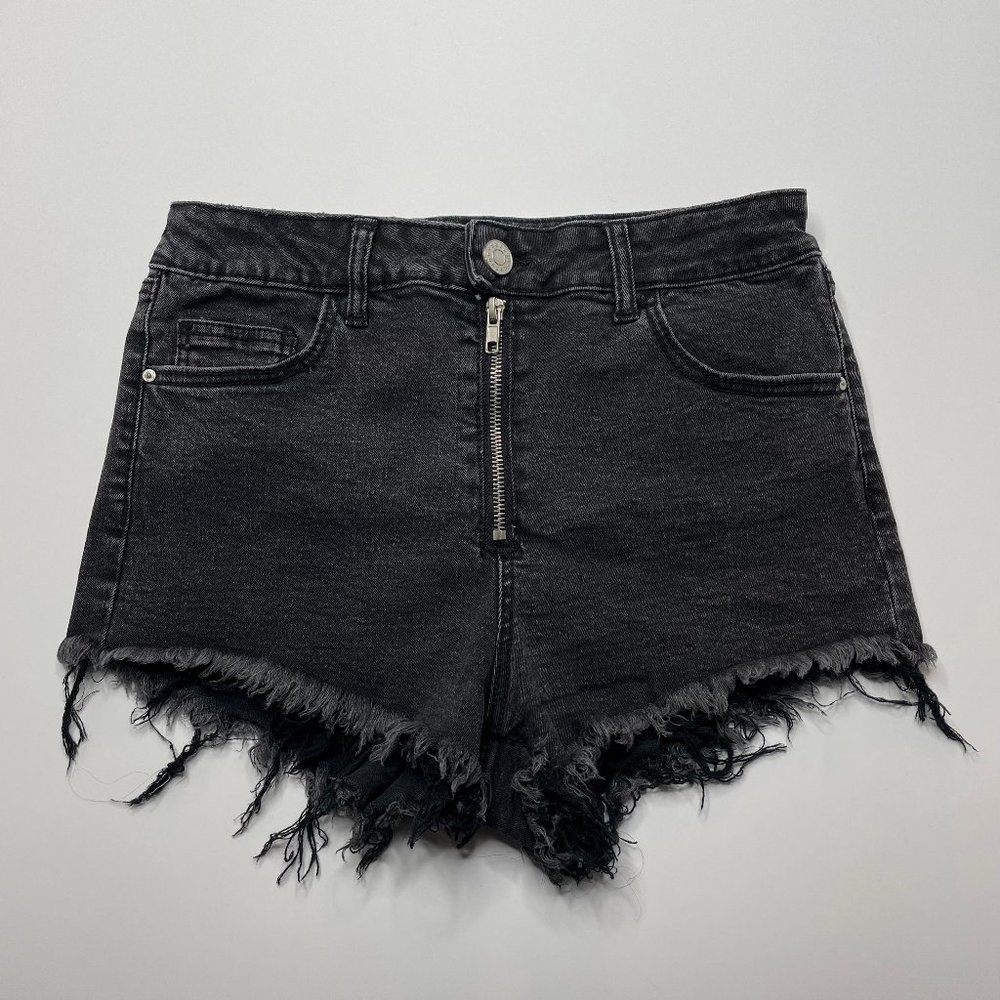 High Waist Black Stone Wash Raw Hem Shorts